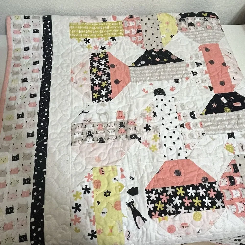 Handmade Cats and Camper Trailers Patchwork Quilt Blanket Pink